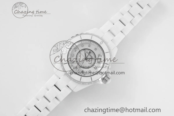 J13 33mm XF 1:1 Best Edition White Korea Ceramic White No Date Diamonds Dial on Bracelet Swiss Quartz