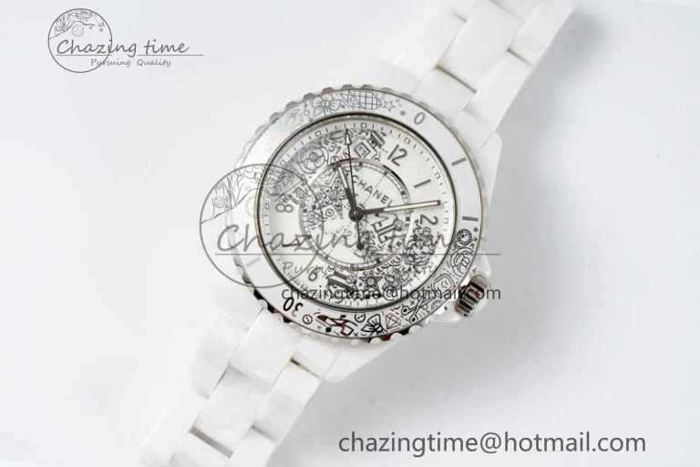J13 38mm HTF 1:1 Best Edition White Ceramic Numeral Markers Dial on Bracelet Calibre 12.1