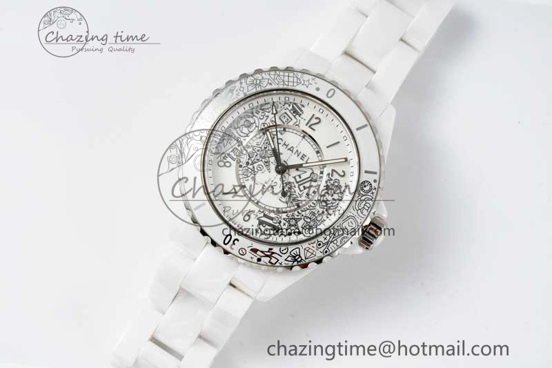 J13 38mm HTF 1:1 Best Edition White Ceramic Numeral Markers Dial on Bracelet Calibre 12.1