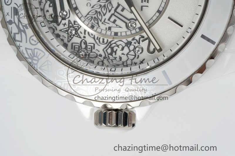 J13 38mm HTF 1:1 Best Edition White Ceramic Numeral Markers Dial on Bracelet Calibre 12.1