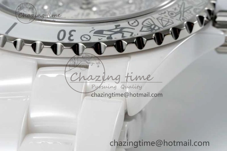 J13 38mm HTF 1:1 Best Edition White Ceramic Numeral Markers Dial on Bracelet Calibre 12.1