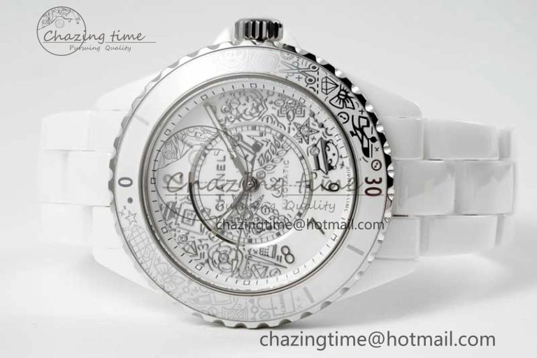 J13 38mm HTF 1:1 Best Edition White Ceramic Numeral Markers Dial on Bracelet Calibre 12.1