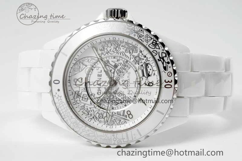 J13 38mm HTF 1:1 Best Edition White Ceramic Numeral Markers Dial on Bracelet Calibre 12.1
