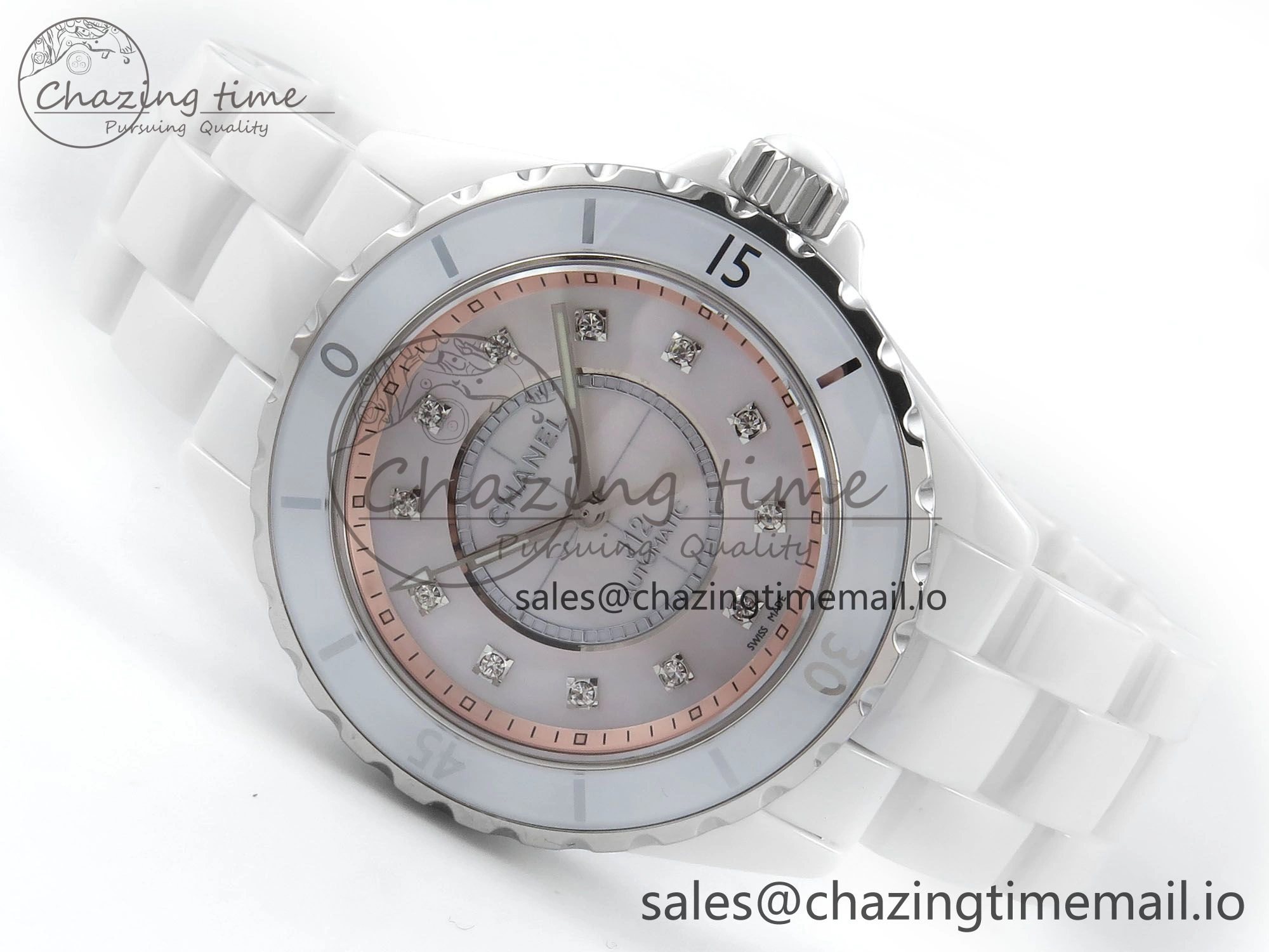 J13 38mm White Ceramic HTF 1:1 Best Edition Pink MOP Dial Diamonds Markers on Bracelet A2892