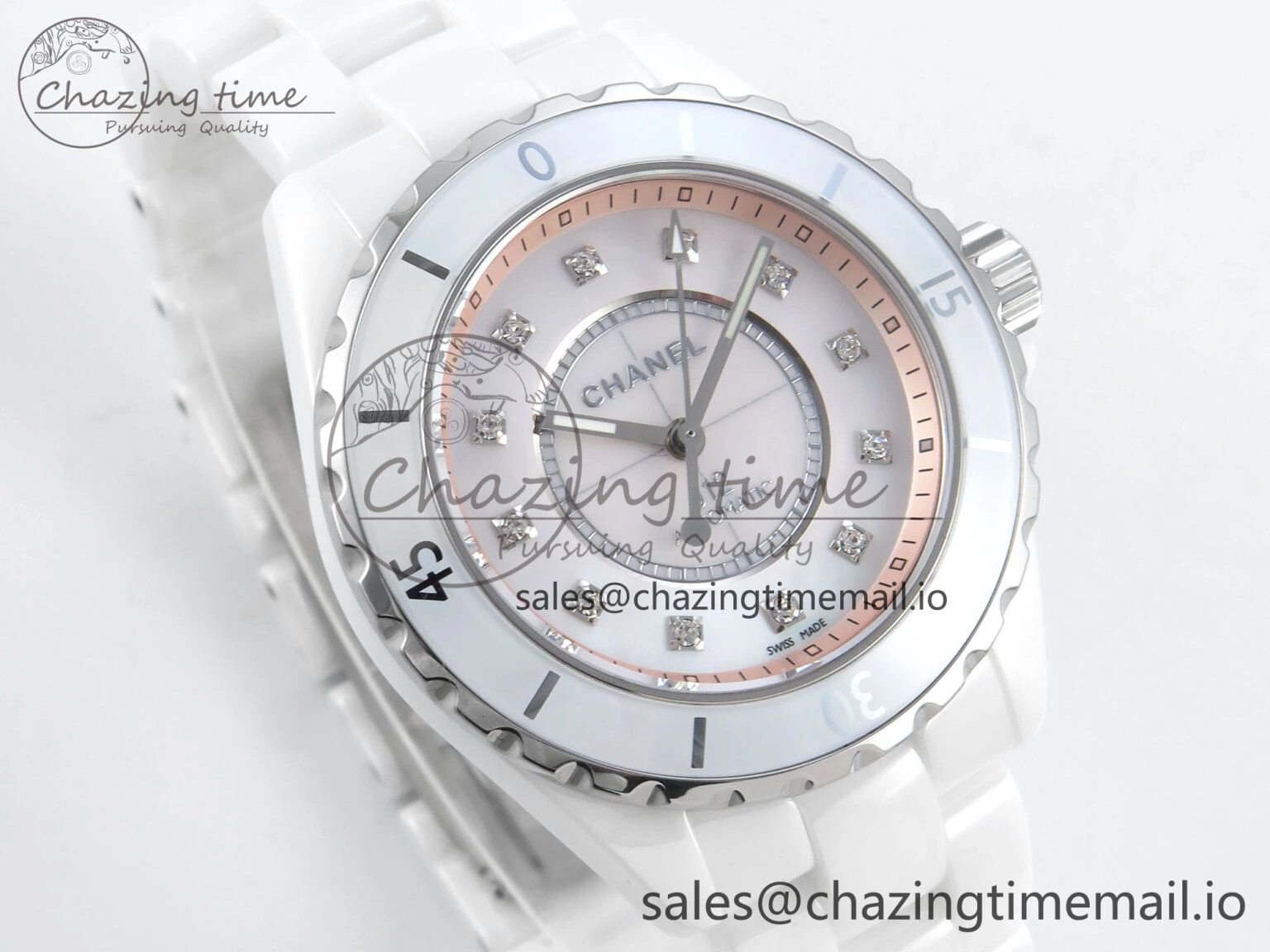 J13 38mm White Ceramic HTF 1:1 Best Edition Pink MOP Dial Diamonds Markers on Bracelet A2892