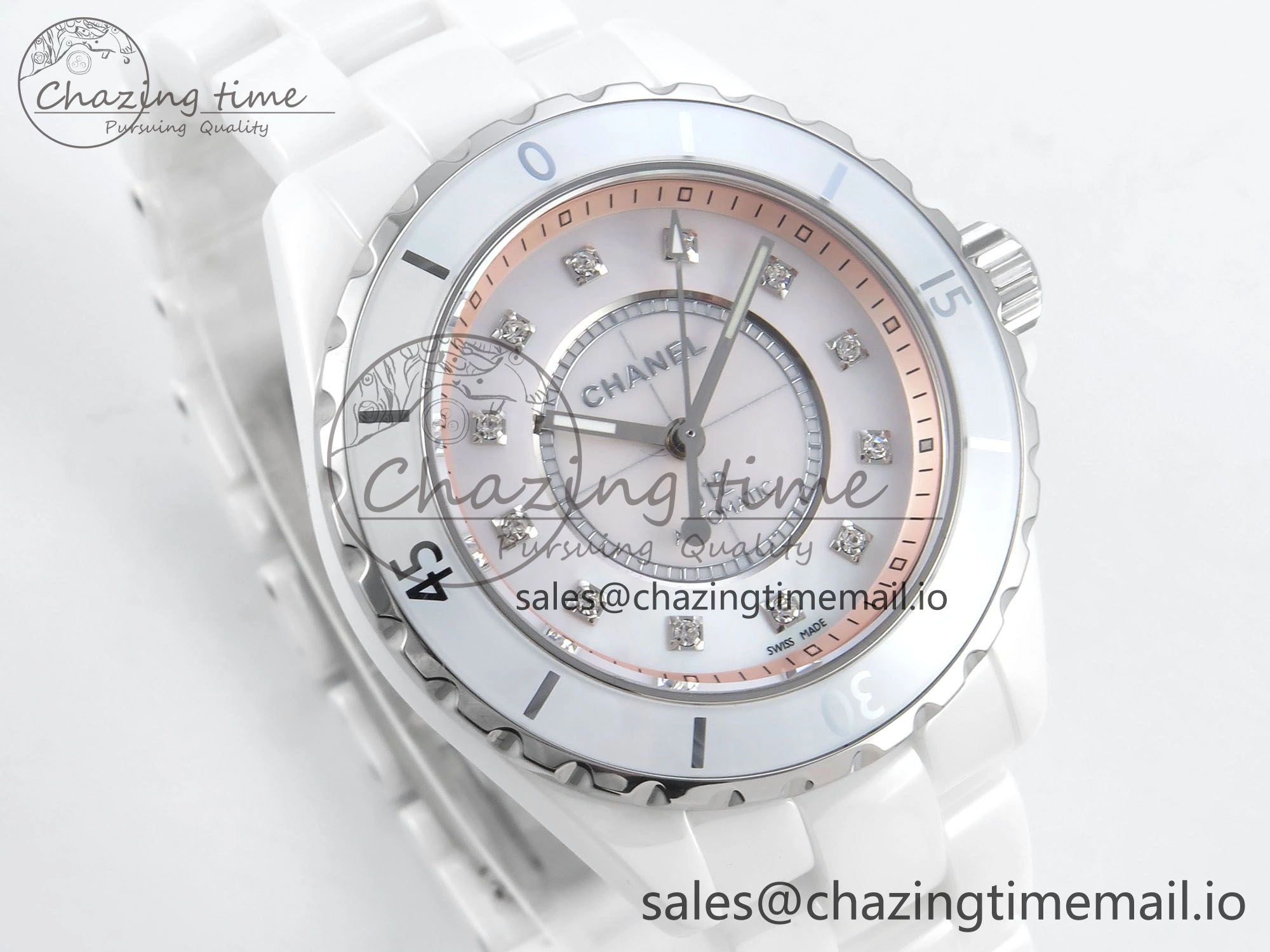 J13 38mm White Ceramic HTF 1:1 Best Edition Pink MOP Dial Diamonds Markers on Bracelet A2892