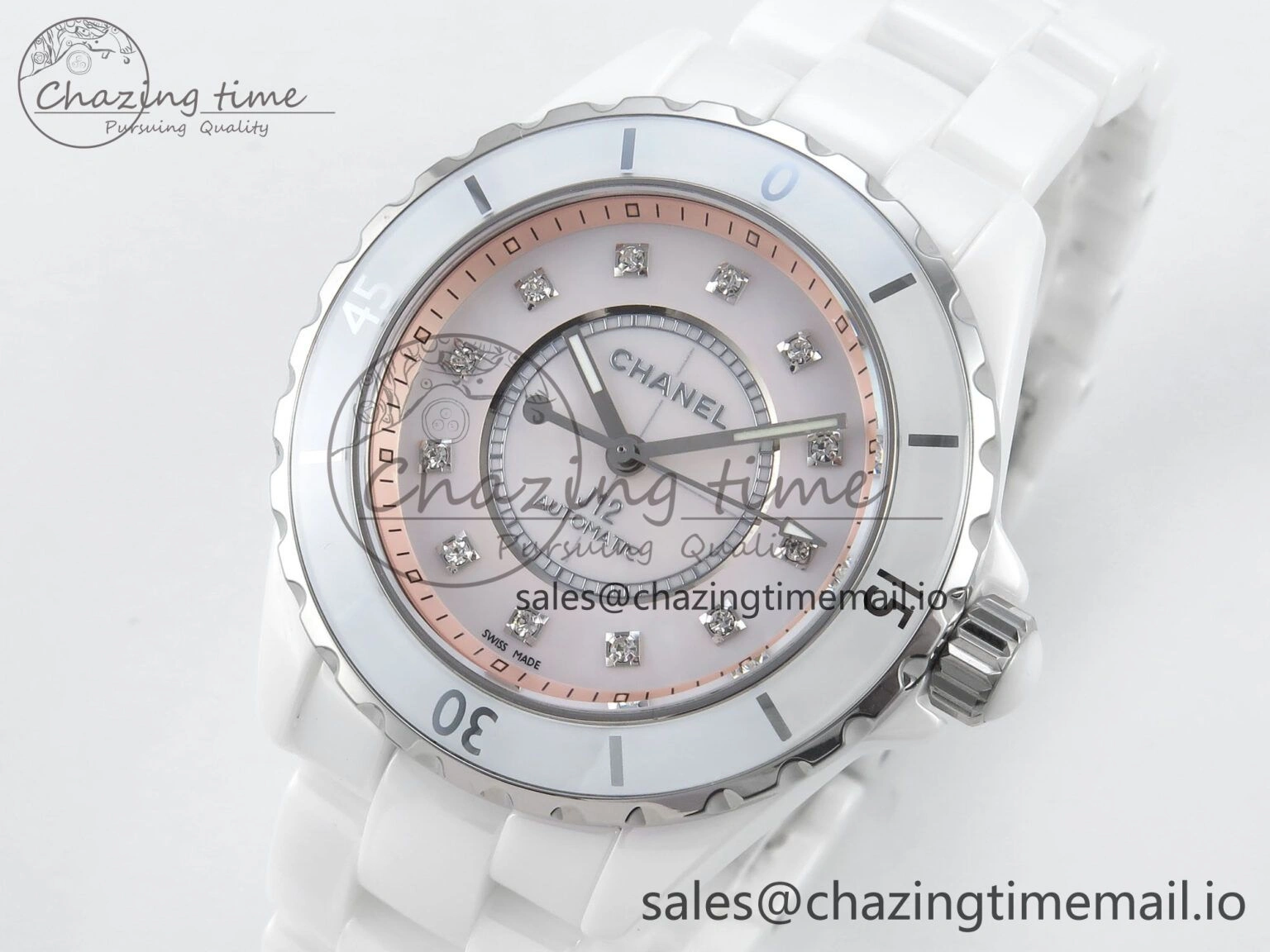 J13 38mm White Ceramic HTF 1:1 Best Edition Pink MOP Dial Diamonds Markers on Bracelet A2892