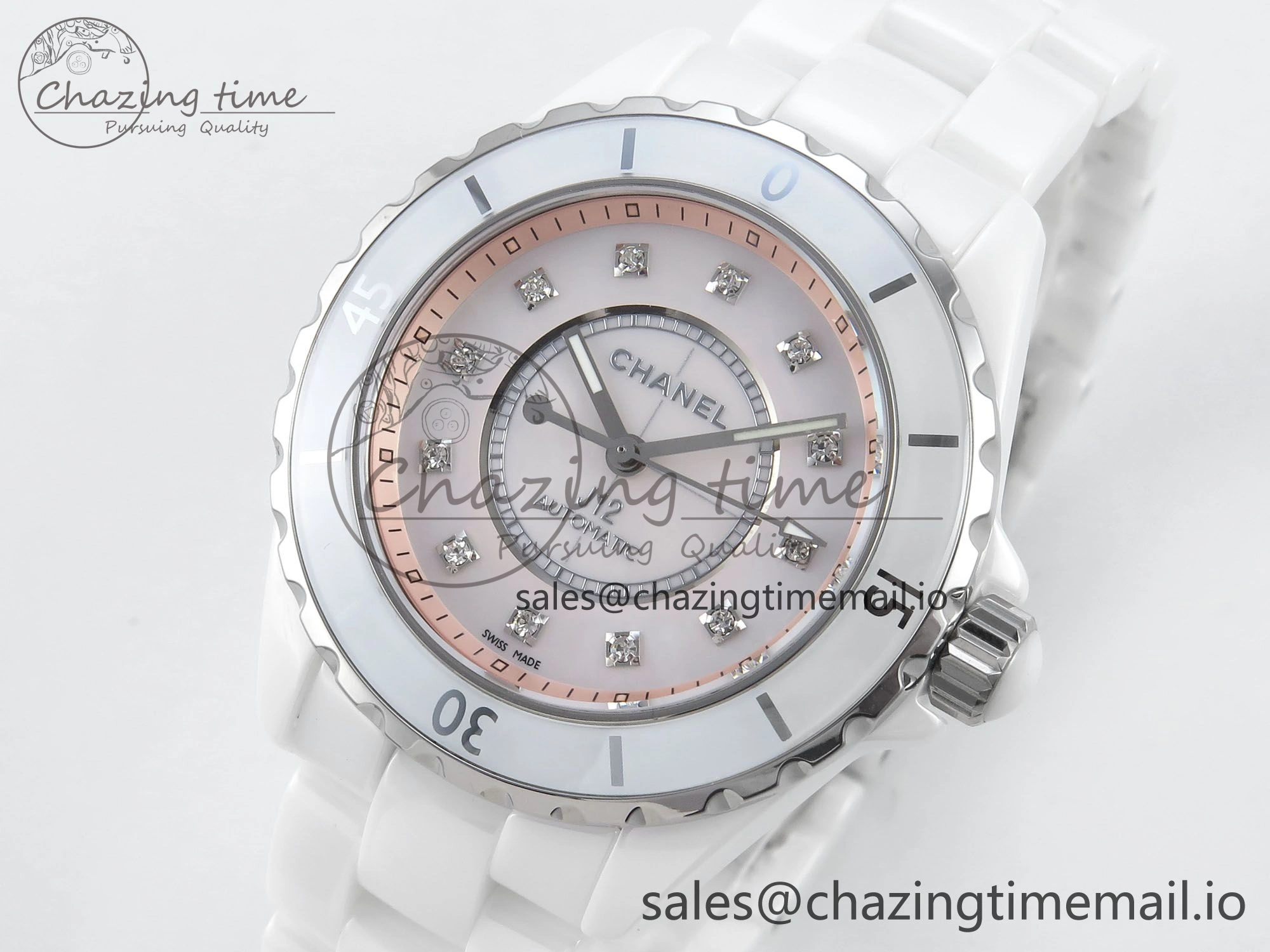 J13 38mm White Ceramic HTF 1:1 Best Edition Pink MOP Dial Diamonds Markers on Bracelet A2892