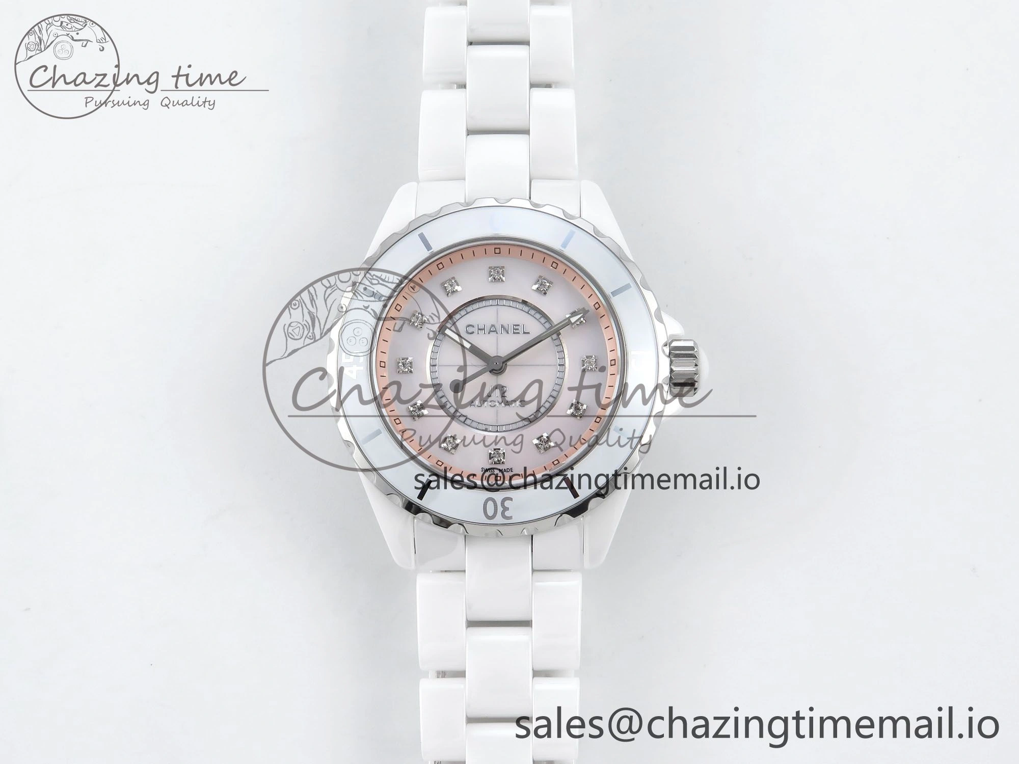J13 38mm White Ceramic HTF 1:1 Best Edition Pink MOP Dial Diamonds Markers on Bracelet A2892