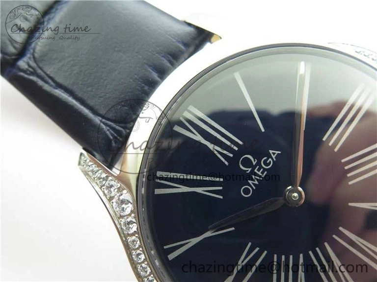 Ladies’ De Ville Trésor Diamond SS 3AF 1:1 Best Edition Black Dial On Black Leather Strap Swiss Quartz