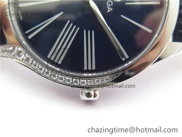 Ladies’ De Ville Trésor Diamond SS 3AF 1:1 Best Edition Black Dial On Black Leather Strap Swiss Quartz