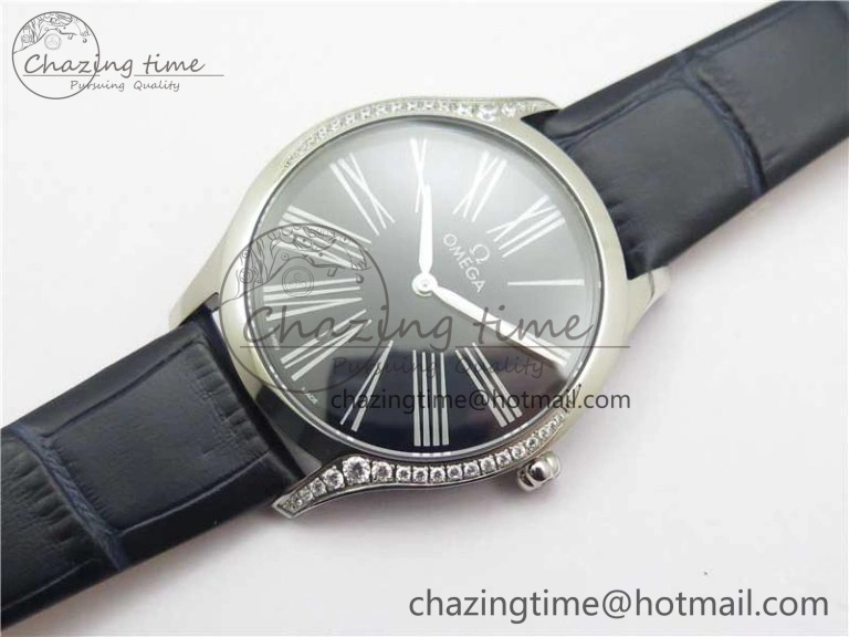 Ladies’ De Ville Trésor Diamond SS 3AF 1:1 Best Edition Black Dial On Black Leather Strap Swiss Quartz