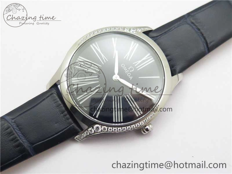 Ladies’ De Ville Trésor Diamond SS 3AF 1:1 Best Edition Black Dial On Black Leather Strap Swiss Quartz