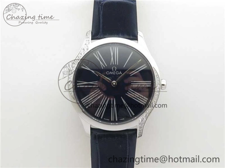 Ladies’ De Ville Trésor Diamond SS 3AF 1:1 Best Edition Black Dial On Black Leather Strap Swiss Quartz