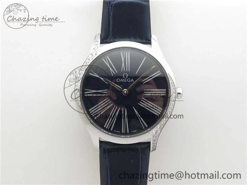 Ladies’ De Ville Trésor Diamond SS 3AF 1:1 Best Edition Black Dial On Black Leather Strap Swiss Quartz