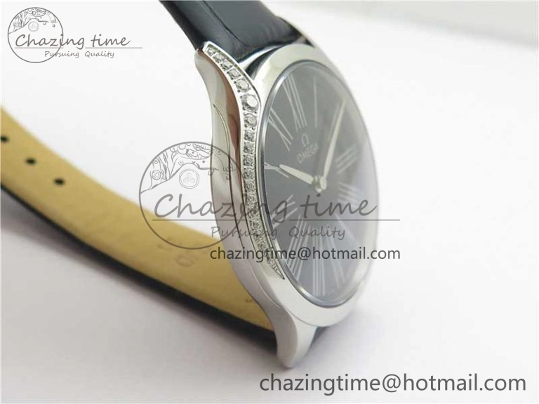 Ladies’ De Ville Trésor Diamond SS 3AF 1:1 Best Edition Black Dial On Black Leather Strap Swiss Quartz