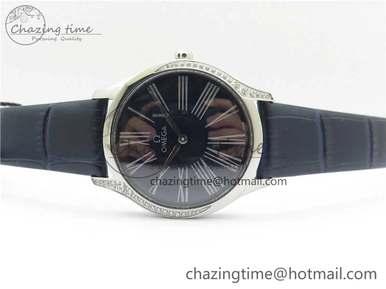 Ladies’ De Ville Trésor Diamond SS 3AF 1:1 Best Edition Black Dial On Black Leather Strap Swiss Quartz
