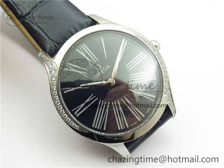 Ladies’ De Ville Trésor Diamond SS 3AF 1:1 Best Edition Black Dial On Black Leather Strap Swiss Quartz