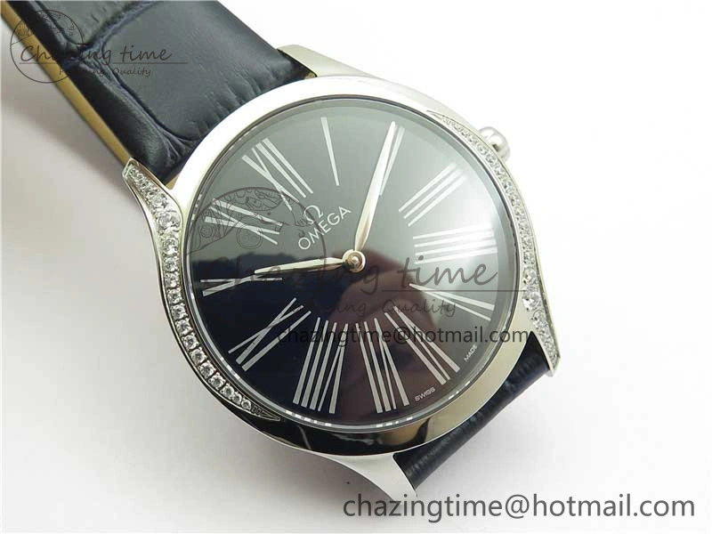 Ladies’ De Ville Trésor Diamond SS 3AF 1:1 Best Edition Black Dial On Black Leather Strap Swiss Quartz