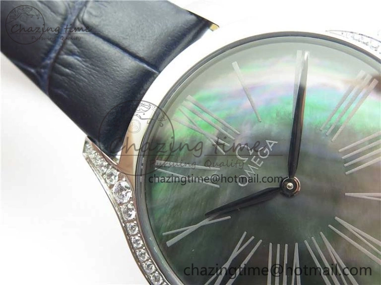Ladies’ De Ville Trésor Diamond SS 3AF 1:1 Best Edition Black MOP Dial On Black Leather Strap Swiss Quartz