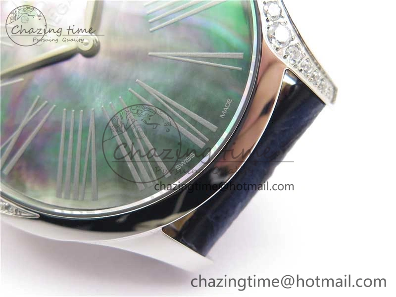 Ladies’ De Ville Trésor Diamond SS 3AF 1:1 Best Edition Black MOP Dial On Black Leather Strap Swiss Quartz