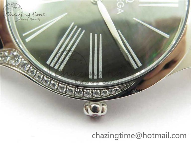 Ladies’ De Ville Trésor Diamond SS 3AF 1:1 Best Edition Black MOP Dial On Black Leather Strap Swiss Quartz