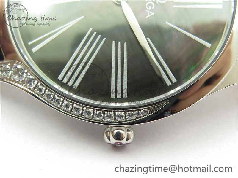 Ladies’ De Ville Trésor Diamond SS 3AF 1:1 Best Edition Black MOP Dial On Black Leather Strap Swiss Quartz