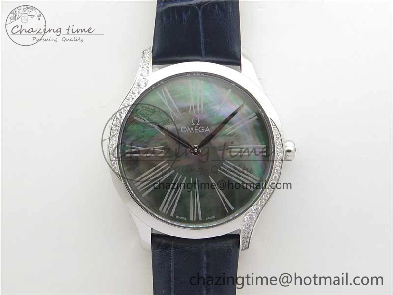 Ladies’ De Ville Trésor Diamond SS 3AF 1:1 Best Edition Black MOP Dial On Black Leather Strap Swiss Quartz