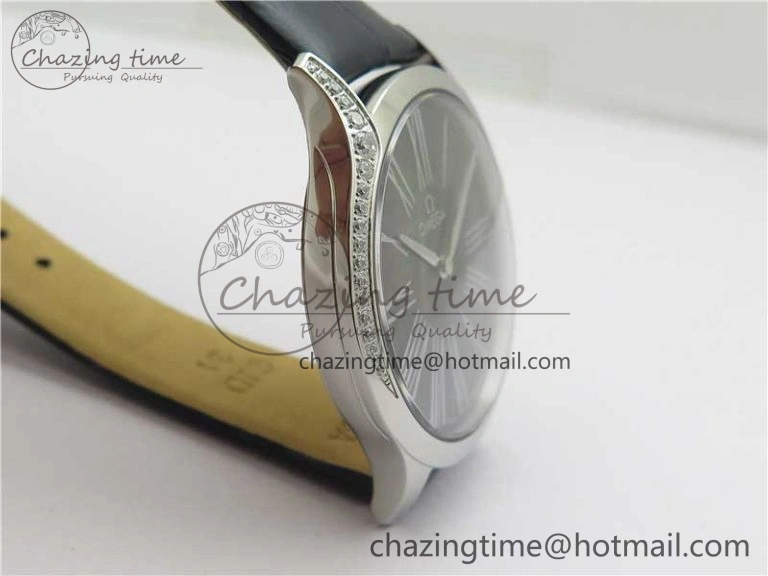 Ladies’ De Ville Trésor Diamond SS 3AF 1:1 Best Edition Black MOP Dial On Black Leather Strap Swiss Quartz