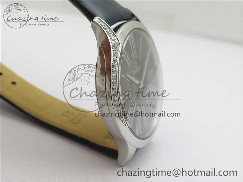 Ladies’ De Ville Trésor Diamond SS 3AF 1:1 Best Edition Black MOP Dial On Black Leather Strap Swiss Quartz