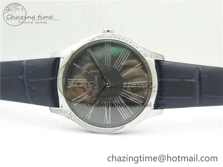 Ladies’ De Ville Trésor Diamond SS 3AF 1:1 Best Edition Black MOP Dial On Black Leather Strap Swiss Quartz