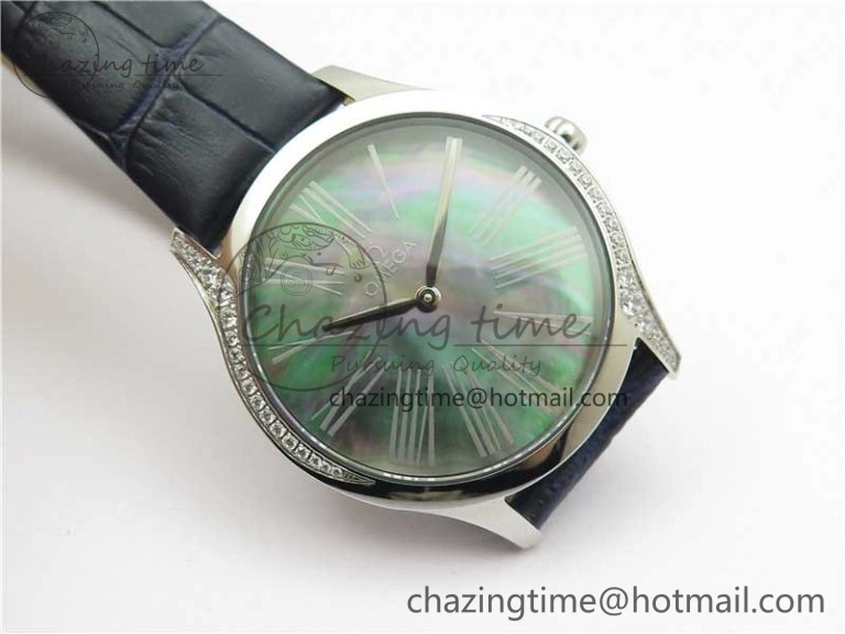 Ladies’ De Ville Trésor Diamond SS 3AF 1:1 Best Edition Black MOP Dial On Black Leather Strap Swiss Quartz
