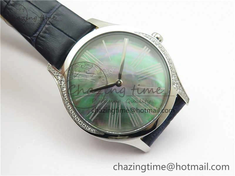 Ladies’ De Ville Trésor Diamond SS 3AF 1:1 Best Edition Black MOP Dial On Black Leather Strap Swiss Quartz
