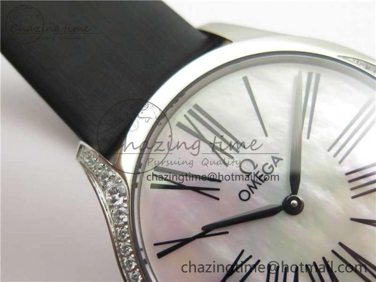 Ladies’ De Ville Trésor Diamond SS 3AF 1:1 Best Edition White Dial Black Markers On Black fabric strap Swiss Quartz