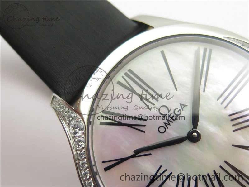 Ladies’ De Ville Trésor Diamond SS 3AF 1:1 Best Edition White Dial Black Markers On Black fabric strap Swiss Quartz