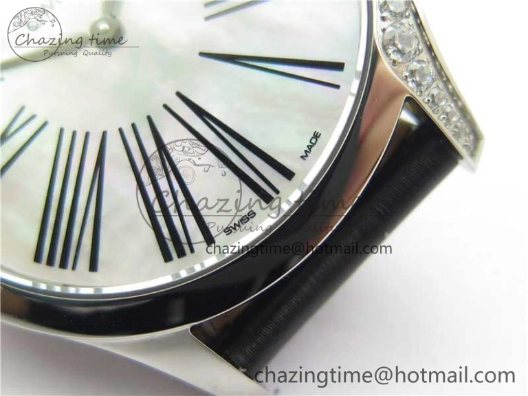Ladies’ De Ville Trésor Diamond SS 3AF 1:1 Best Edition White Dial Black Markers On Black fabric strap Swiss Quartz