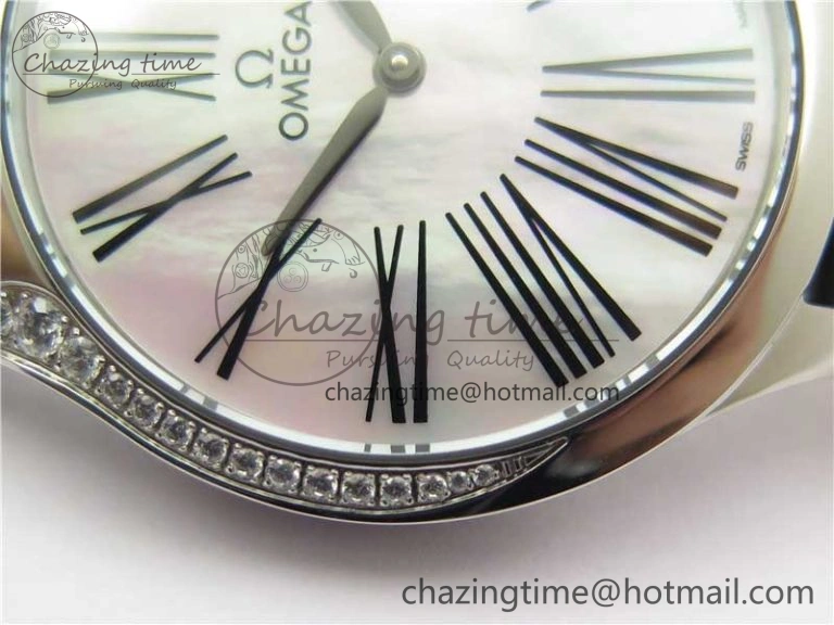 Ladies’ De Ville Trésor Diamond SS 3AF 1:1 Best Edition White Dial Black Markers On Black fabric strap Swiss Quartz