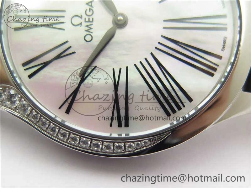 Ladies’ De Ville Trésor Diamond SS 3AF 1:1 Best Edition White Dial Black Markers On Black fabric strap Swiss Quartz