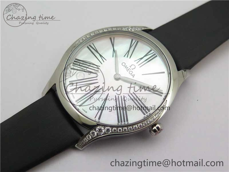 Ladies’ De Ville Trésor Diamond SS 3AF 1:1 Best Edition White Dial Black Markers On Black fabric strap Swiss Quartz