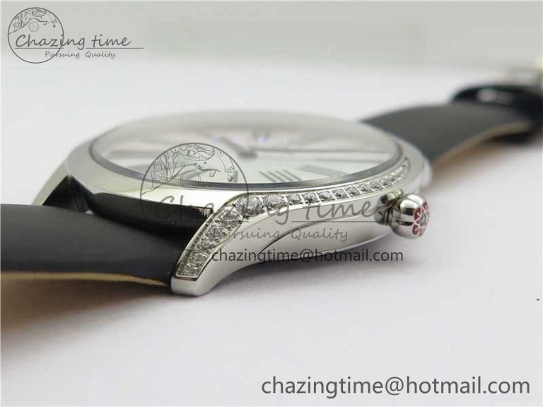 Ladies’ De Ville Trésor Diamond SS 3AF 1:1 Best Edition White Dial Black Markers On Black fabric strap Swiss Quartz