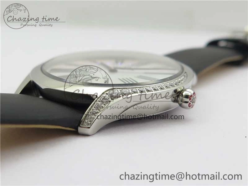 Ladies’ De Ville Trésor Diamond SS 3AF 1:1 Best Edition White Dial Black Markers On Black fabric strap Swiss Quartz
