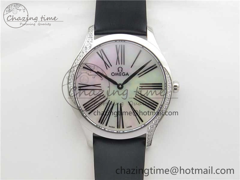 Ladies’ De Ville Trésor Diamond SS 3AF 1:1 Best Edition White Dial Black Markers On Black fabric strap Swiss Quartz