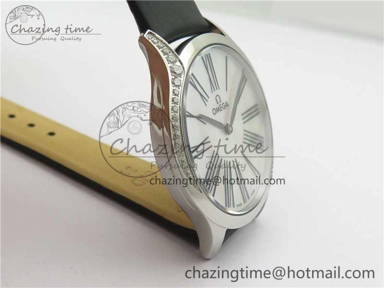 Ladies’ De Ville Trésor Diamond SS 3AF 1:1 Best Edition White Dial Black Markers On Black fabric strap Swiss Quartz