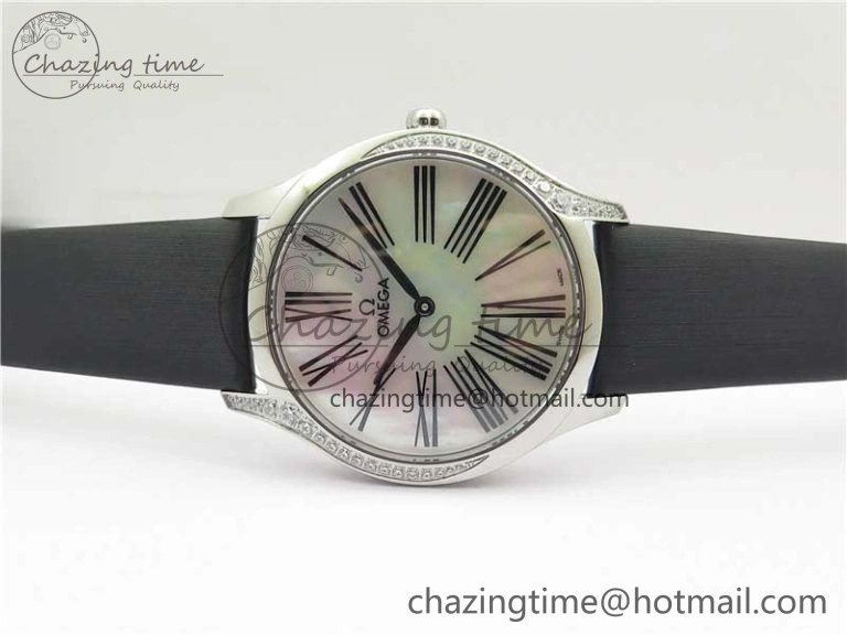 Ladies’ De Ville Trésor Diamond SS 3AF 1:1 Best Edition White Dial Black Markers On Black fabric strap Swiss Quartz