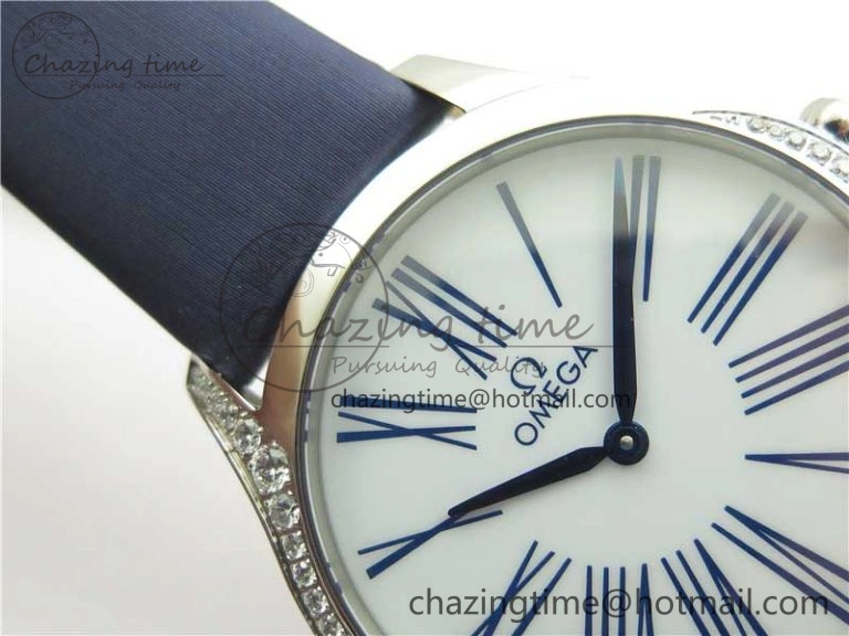 Ladies’ De Ville Trésor Diamond SS 3AF 1:1 Best Edition White Dial On Blue Fabric Strap Swiss Quartz