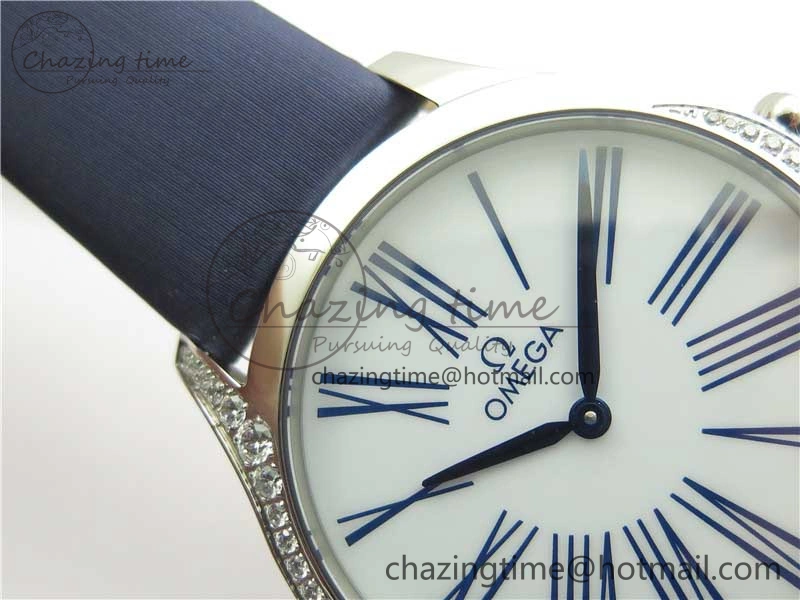 Ladies’ De Ville Trésor Diamond SS 3AF 1:1 Best Edition White Dial On Blue Fabric Strap Swiss Quartz