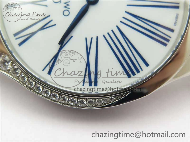 Ladies’ De Ville Trésor Diamond SS 3AF 1:1 Best Edition White Dial On Blue Fabric Strap Swiss Quartz