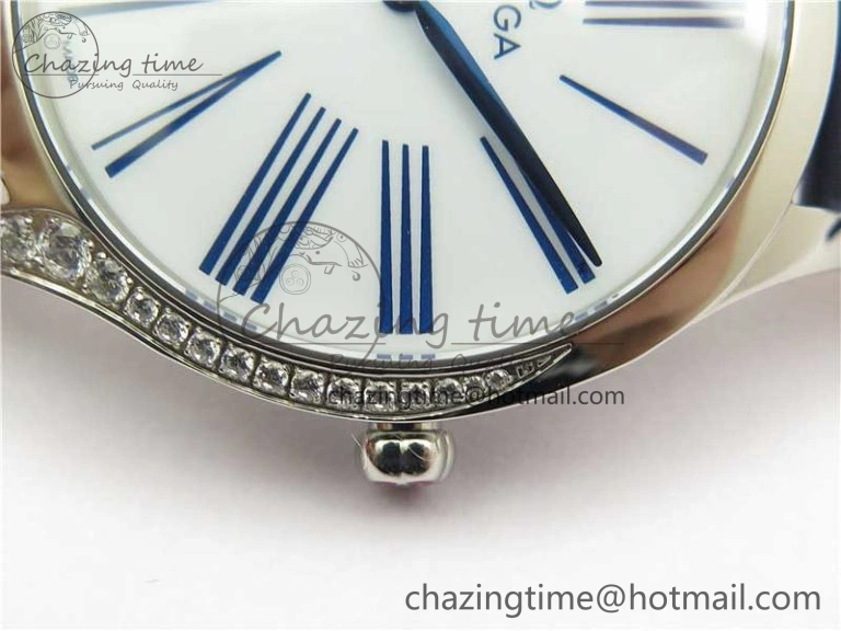 Ladies’ De Ville Trésor Diamond SS 3AF 1:1 Best Edition White Dial On Blue Fabric Strap Swiss Quartz