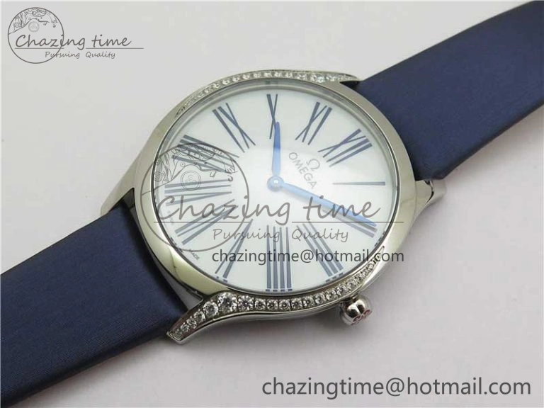 Ladies’ De Ville Trésor Diamond SS 3AF 1:1 Best Edition White Dial On Blue Fabric Strap Swiss Quartz