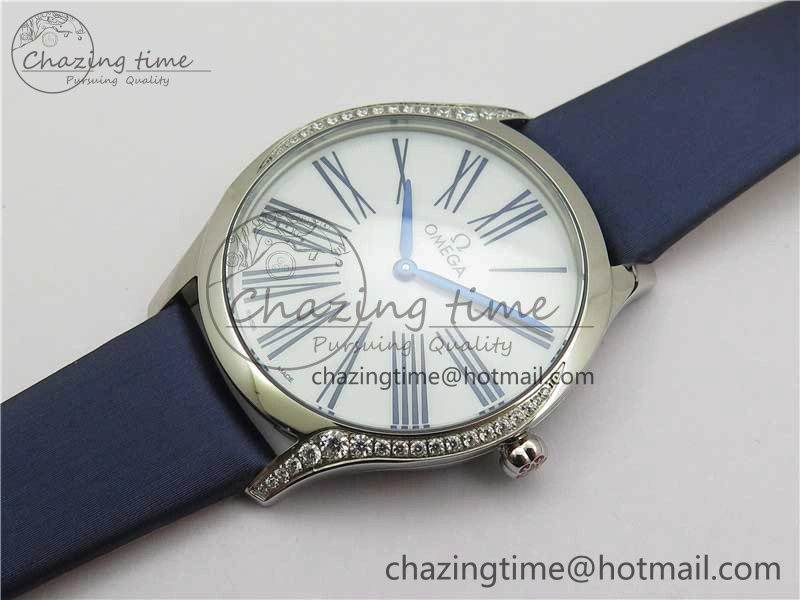 Ladies’ De Ville Trésor Diamond SS 3AF 1:1 Best Edition White Dial On Blue Fabric Strap Swiss Quartz